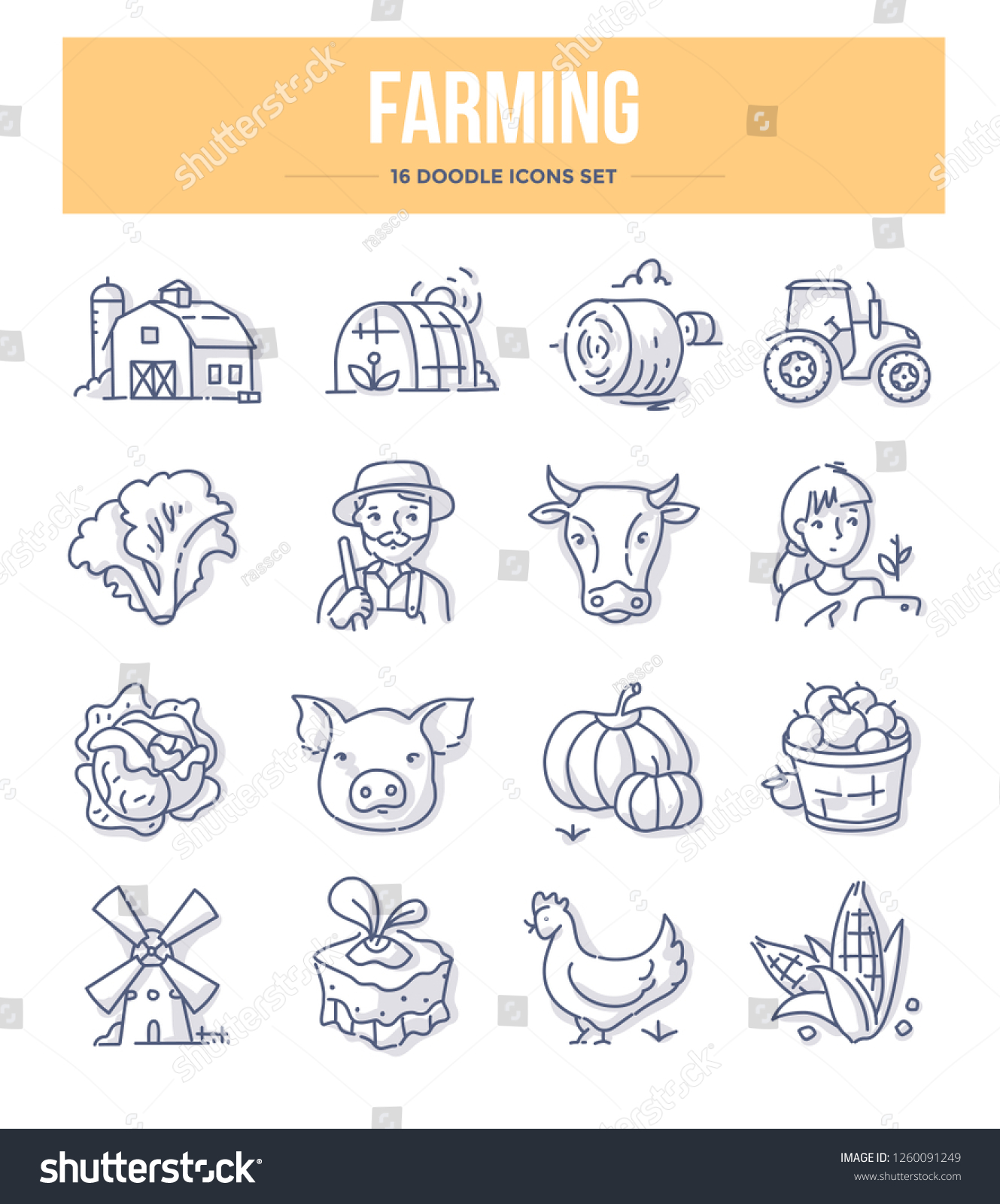 Agriculture Farming Doodle Icons Collection Village 库存矢量图（免版税