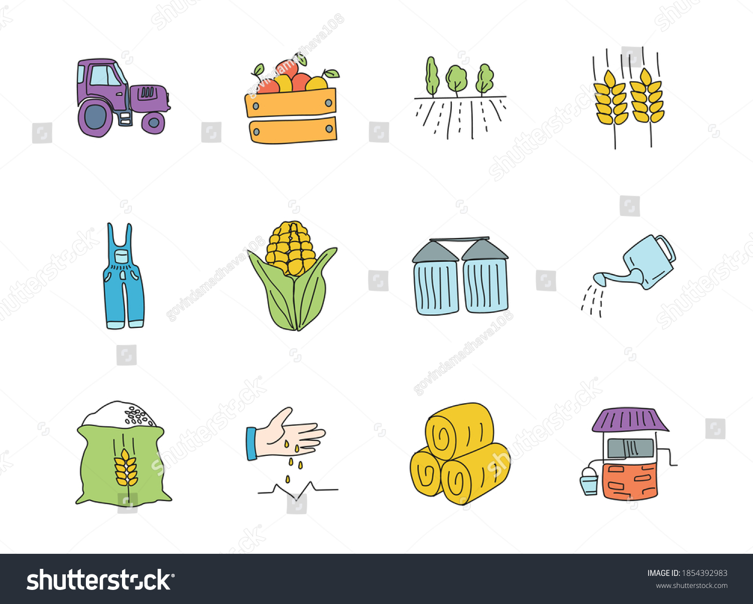 Agriculture Farming Doodles Isolated On White Stock Vector Royalty