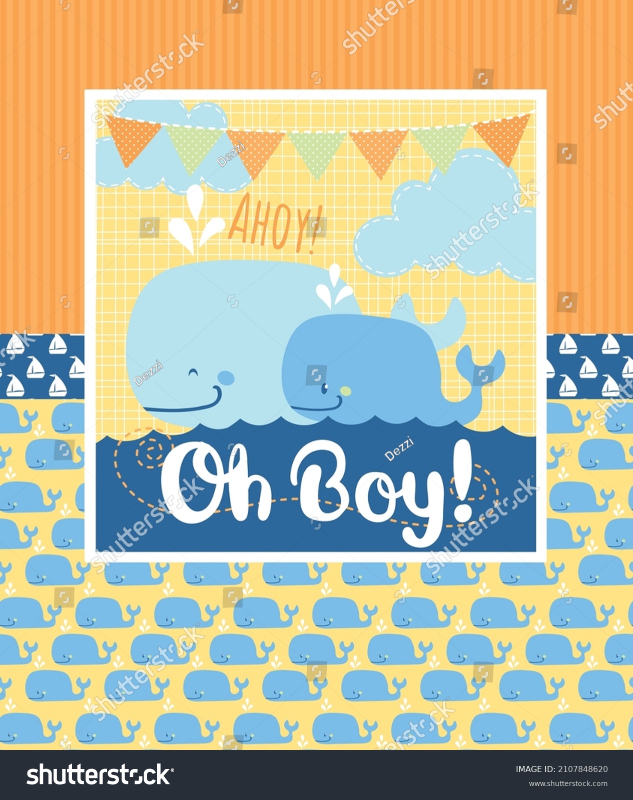 SVG of Ahoy, it's a boy. Vector illustration has multiple vector pattern swatches and nautical scene featuring two cute whale characters. Perfect for baby shower, nursery, or surface designs. svg