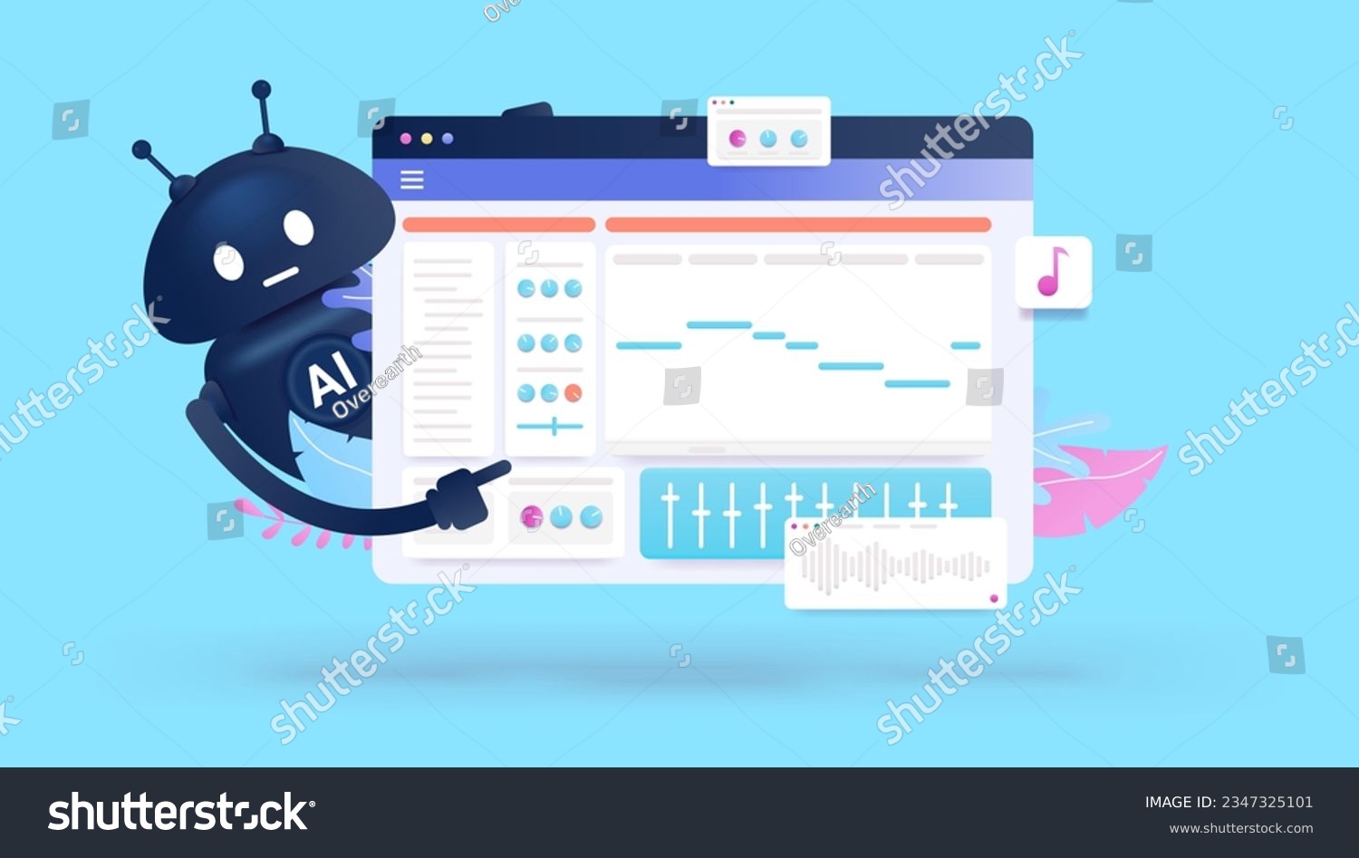 SVG of AI music - Vector illustration of artificial intelligence robot making music on computer with midi software on screen svg