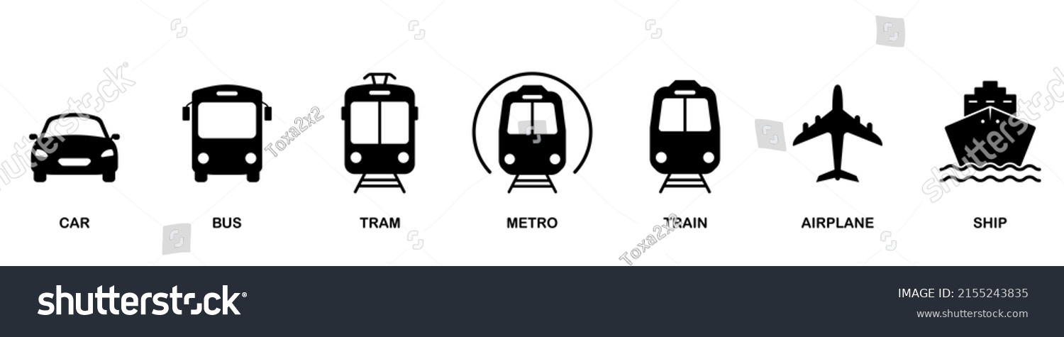 SVG of Air, Auto, Railway Transport Silhouette Icon Set. Stop Station Sign for Public Transport Glyph Pictogram. Car, Bus, Tram, Train, Metro, Plane, Ship Icon in Front View. Isolated Vector Illustration. svg