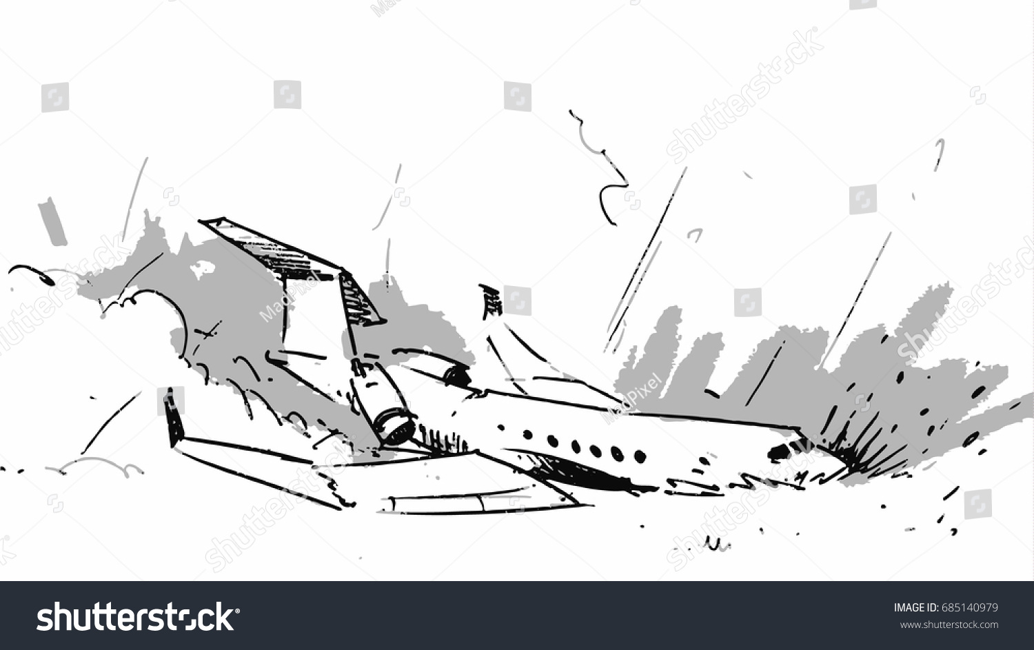 Airplane Crashed Accident Vector Sketch Illustration Stockvektor