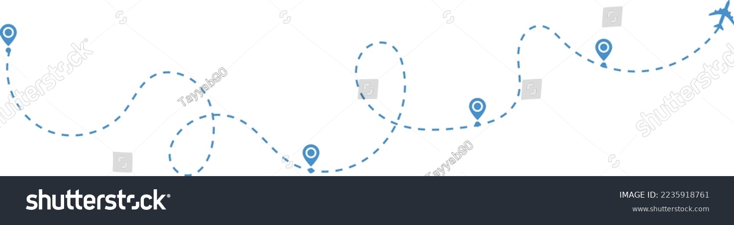 SVG of Airplane path in a dotted line. airplane and dash line trace. plane flying along the dotted path. Aircraft tracking. location pins isolated  svg