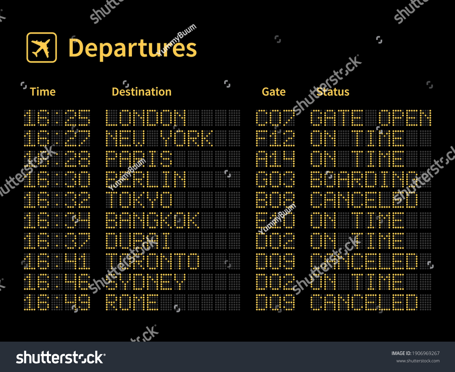 SVG of Airport led board. Aircrafts departures and terminal number gate timetable information, light yellow dot letters and numbers on black panel. Flight schedule on dashboard boarding status vector concept svg