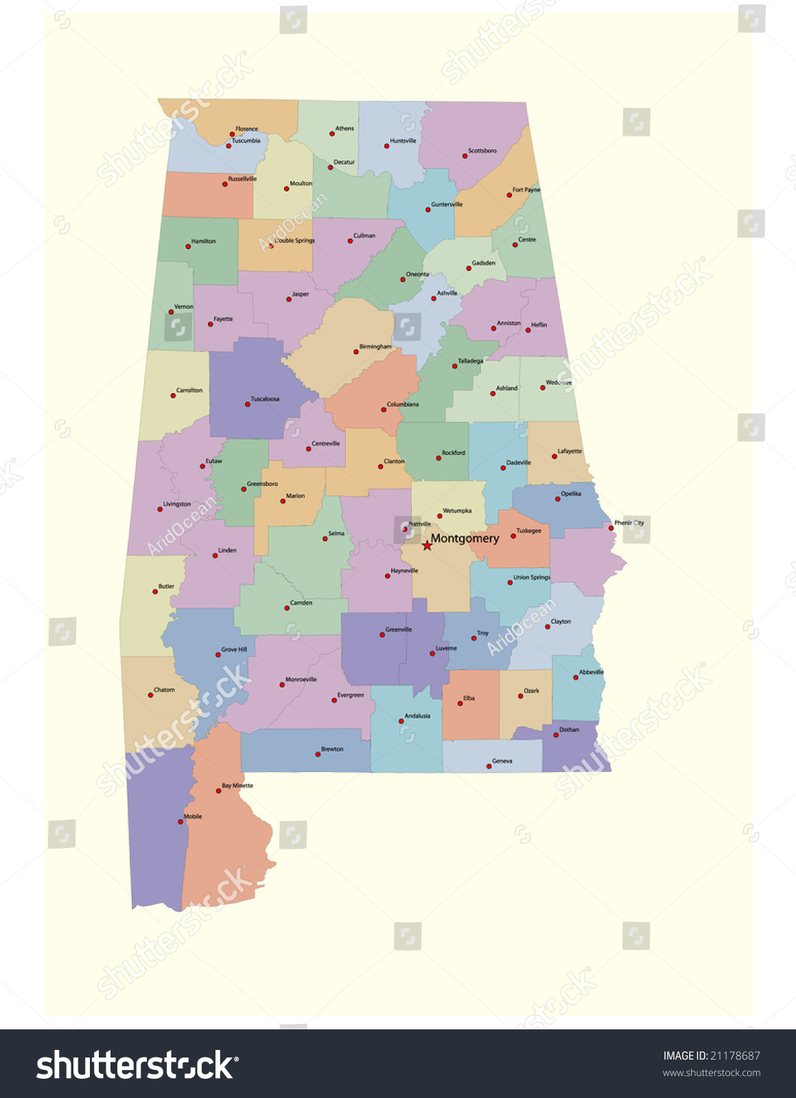 Alabama Counties Map County Seats 72 Vector De Stock Libre De 6375