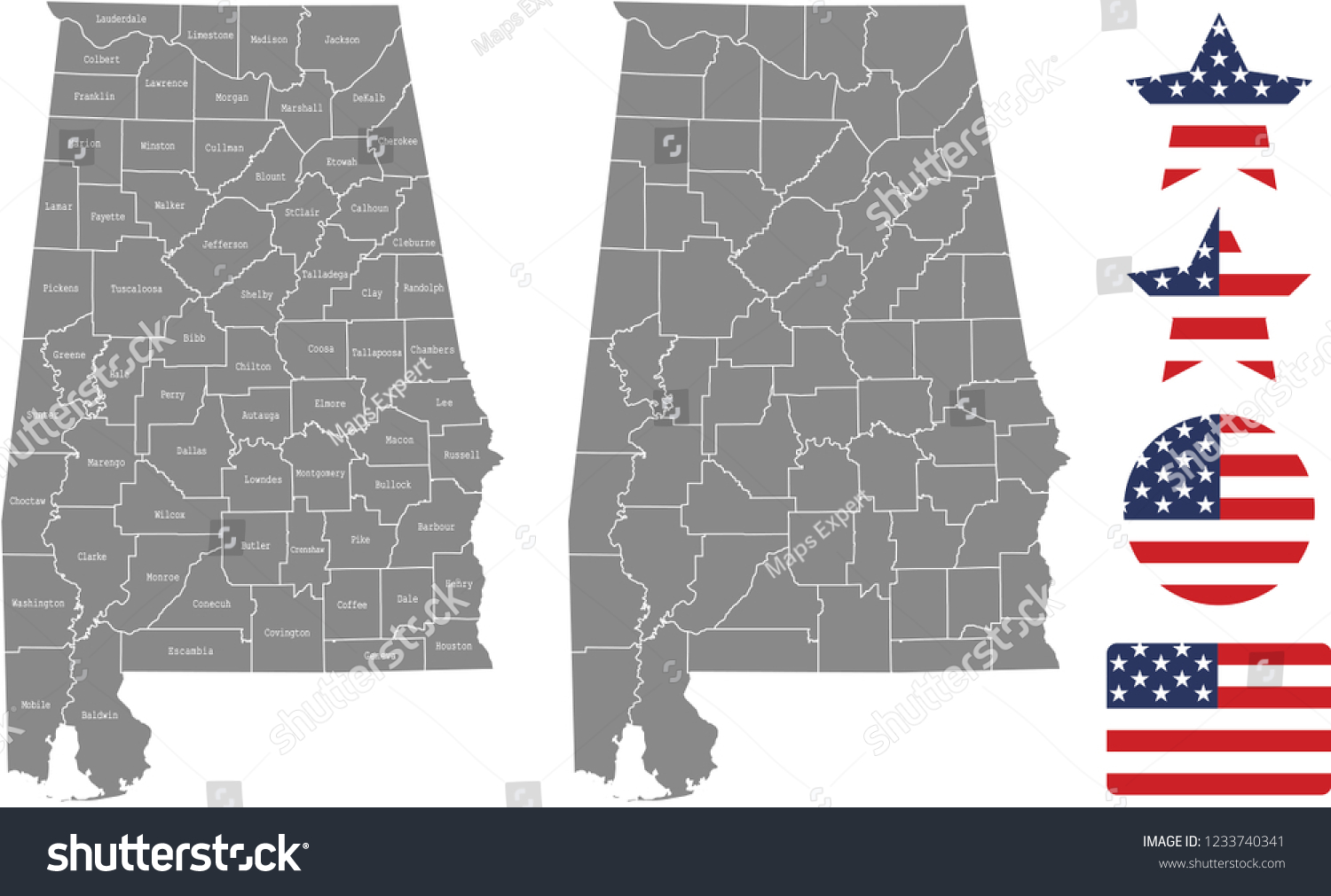 Alabama County Map Vector Outline Gray Stock Vector Royalty Free   Stock Vector Alabama County Map Vector Outline In Gray Background Alabama State Of Usa Map With Counties Names 1233740341 