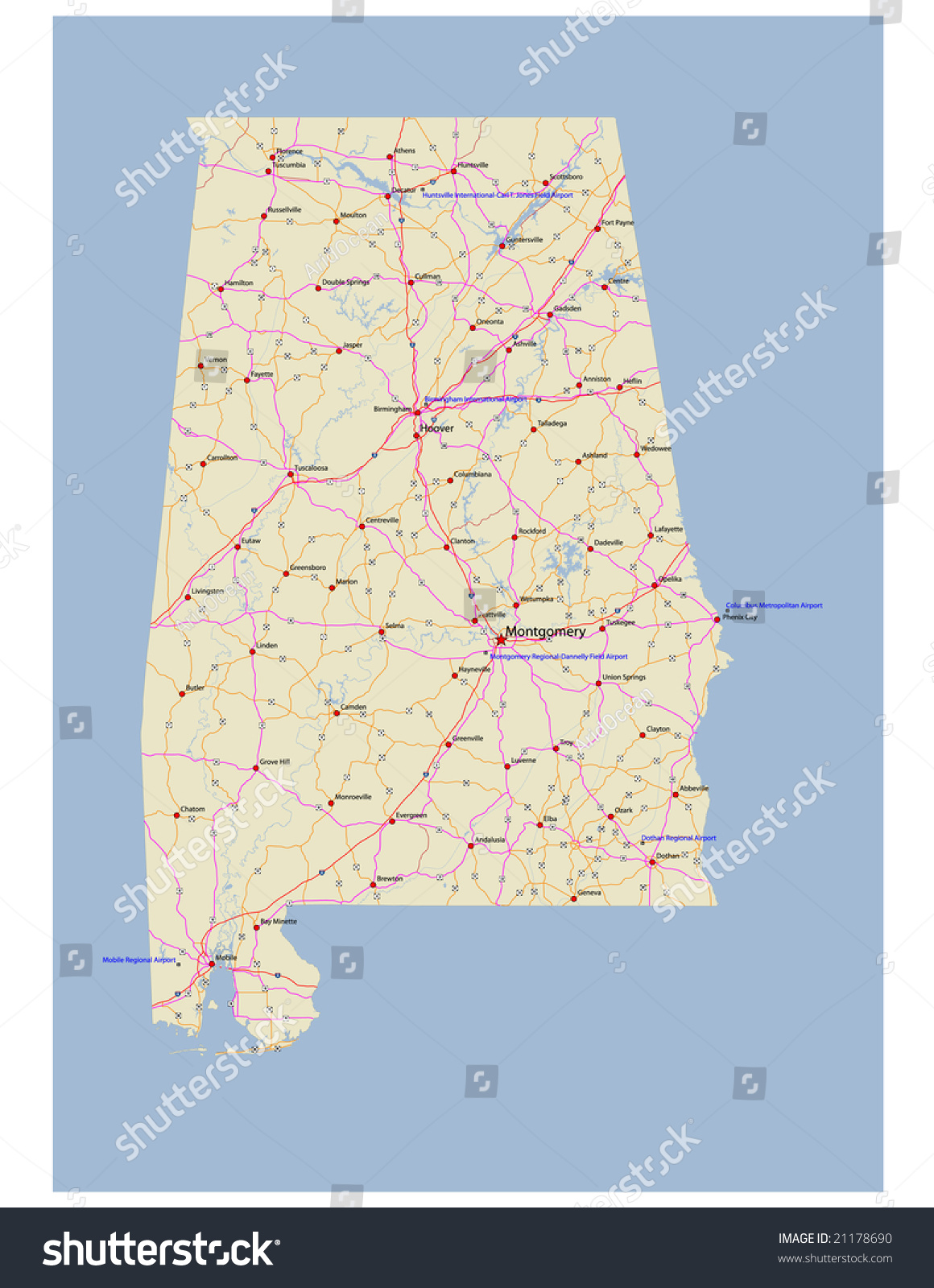 Alabama Transportation Vector Map. With Rivers, Selected Cities ...