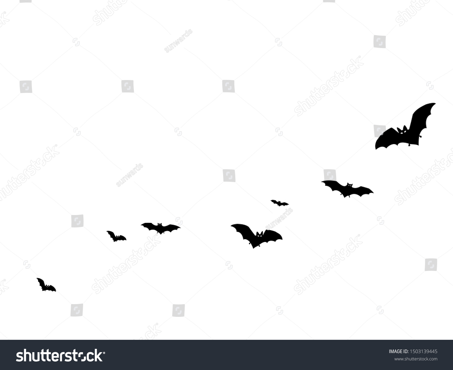 白いベクター画像のハロウィーン背景にアラーの黒いコウモリグループ フリッタマウスの夜の生き物のイラスト 白い背景に伝統的なハロウィーンのシンボルで 飛ぶ コウモリのシルエット のベクター画像素材 ロイヤリティフリー