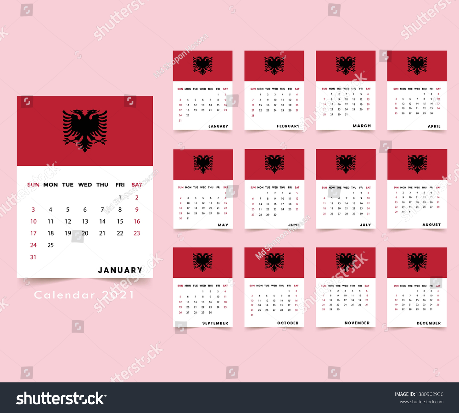 Albania Flag Wall Calendar Template 2021year Stock Vector (Royalty Free