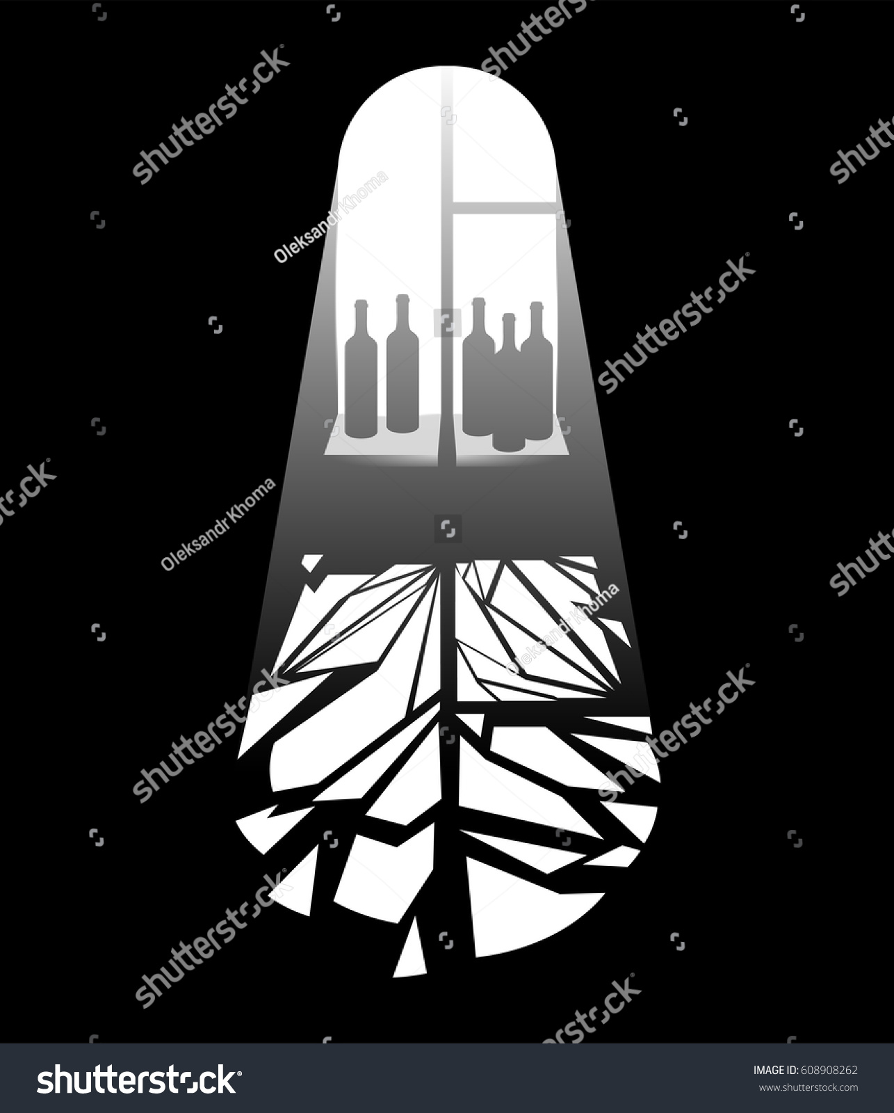 SVG of Alcohol addiction social issue, minimalist concept. Sunlight shines through window while several alcohol bottles standing on a windowsill. Broken lighted area symbolizing alcoholics life perspectives. svg