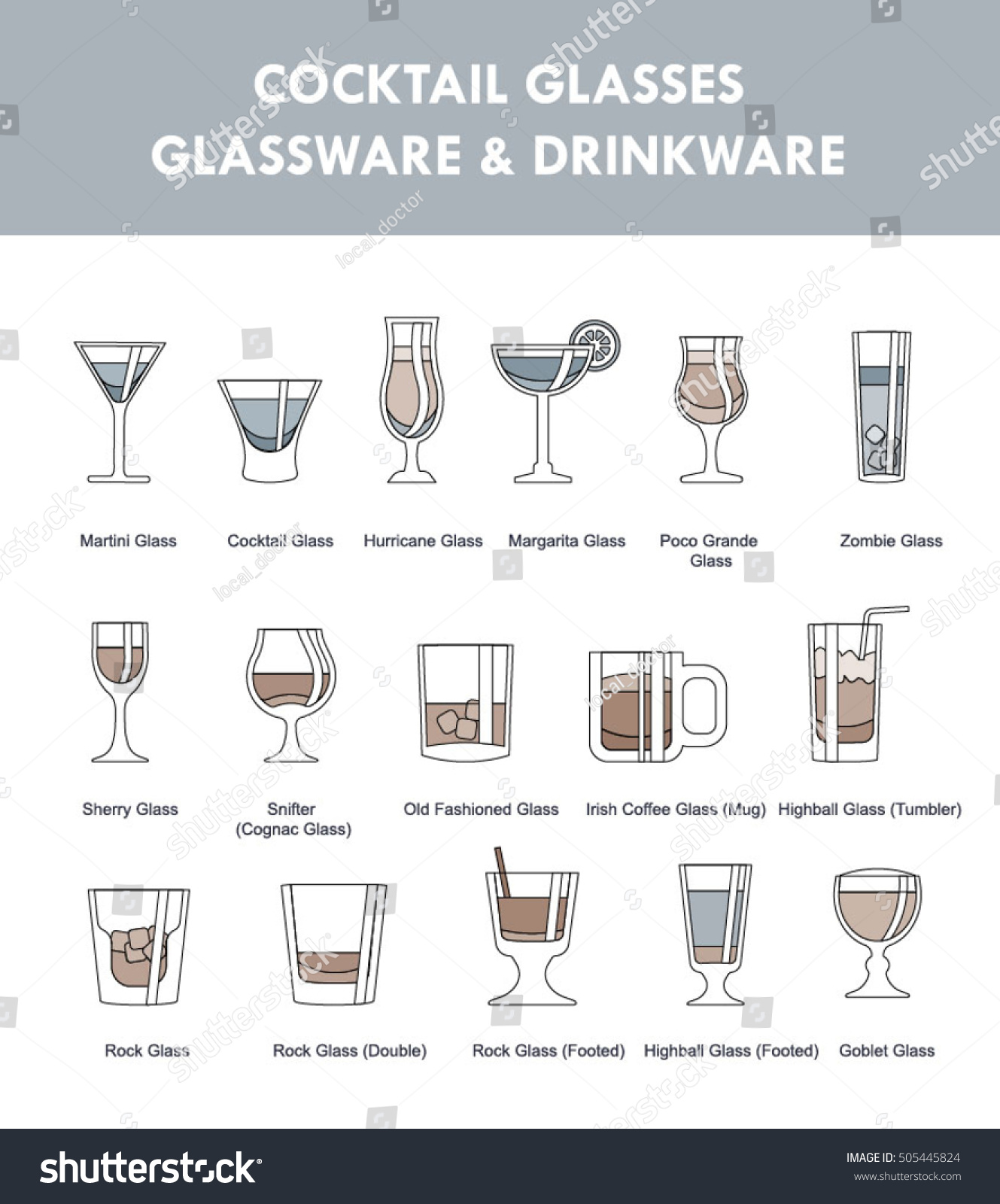 Alcohol Glasses Icon Set Different Types Stock Vector