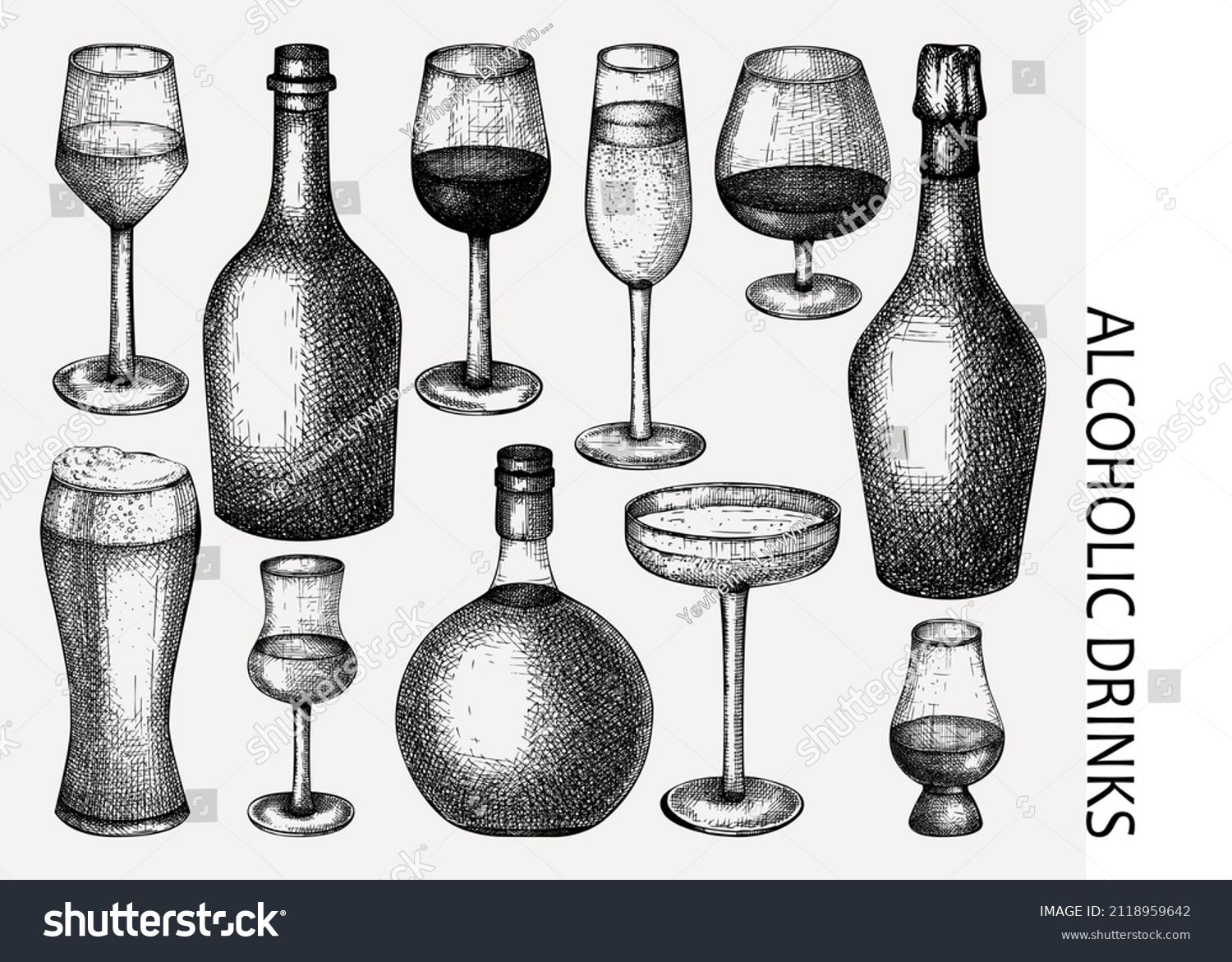 Alcoholic Drinks Glasses Bottles Handdrawing Handsketched Stock Vector ...