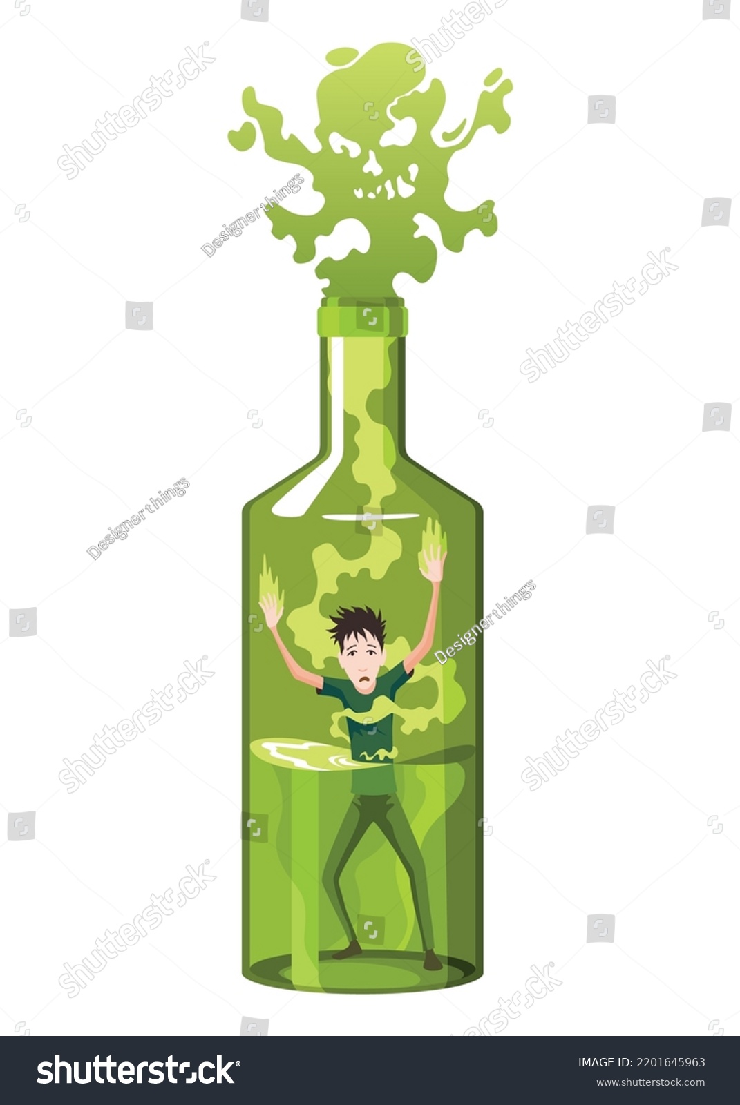 SVG of Alcoholic or boozer. Unhappy man standing in green bottle. Young guy with alcohol addiction. Alcoholism concept problem, dependence, bad habit svg