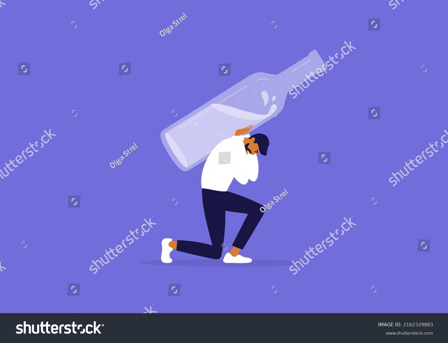SVG of Alcoholism abuse concept. Man holding huge alcohol drink bottle on shoulders. Sad man carrying heavy alco addiction. Unhappy tired drunk male person, exhausted alcoholic. Drinker vector Illustration svg