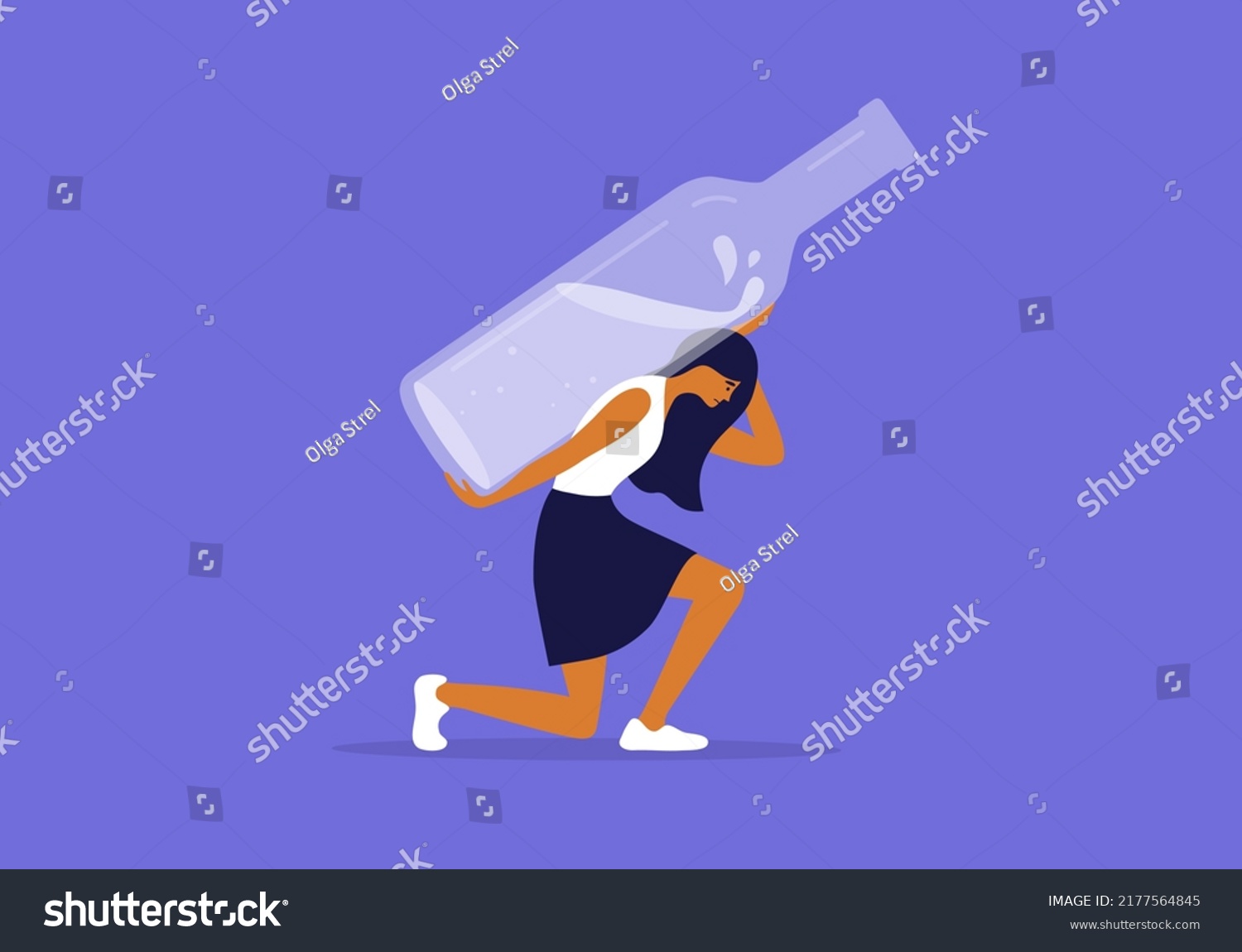 SVG of Alcoholism abuse vector Illustration. Woman holding huge alcohol drink bottle on shoulders. Sad unhappy female person carrying heavy alco addiction. Social issue concept, drunk wife, alcoholic mother svg