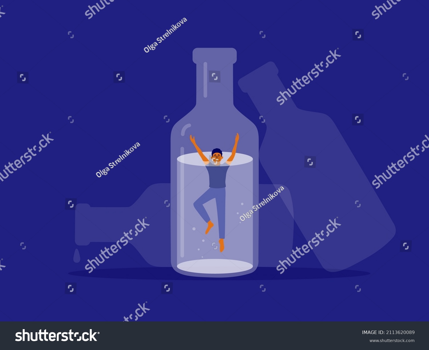 SVG of Alcoholism, alcoholics anonymous. Man drowning in alcohol bottle. Drunk male, drinker guy asking help. Social issue, abuse, addiction. Exhausted alcoholic inside drink bottle. Vector Illustration svg