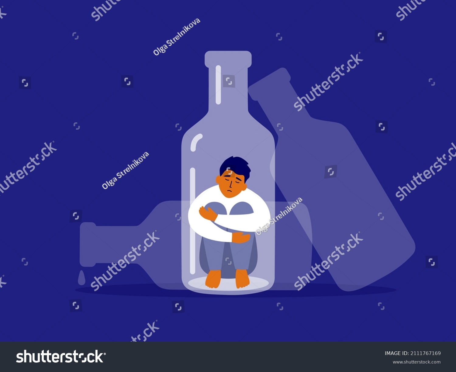 SVG of Alcoholism concept. Unhappy man sitting at bottle bottom hugging knees. Sad drunk male person, exhausted alcoholic guy. Social issue, abuse, addiction. Empty alcohol drink bottles vector Illustration svg