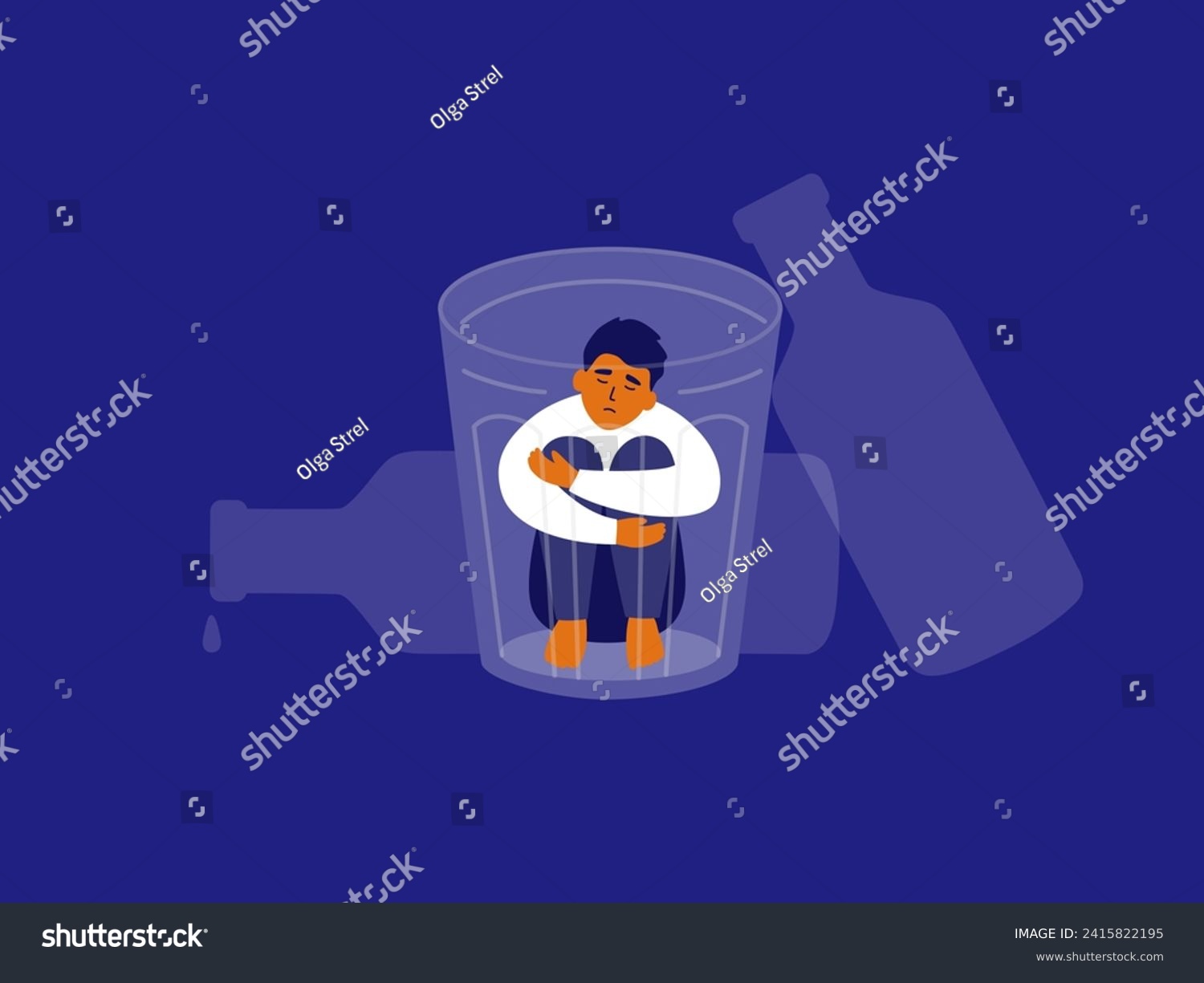 SVG of Alcoholism concept. Unhappy man sitting into drink glass hugging knees. Sad drunk male person, exhausted alcoholic guy. Social issue, alcohol abuse, addiction, depression. Booze vector Illustration svg