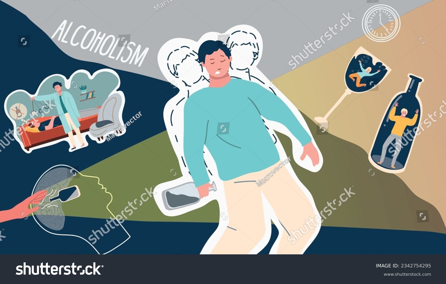 SVG of Alcoholism treatment composition with collage of flat icons with doodle characters brain and people in bottles vector illustration svg