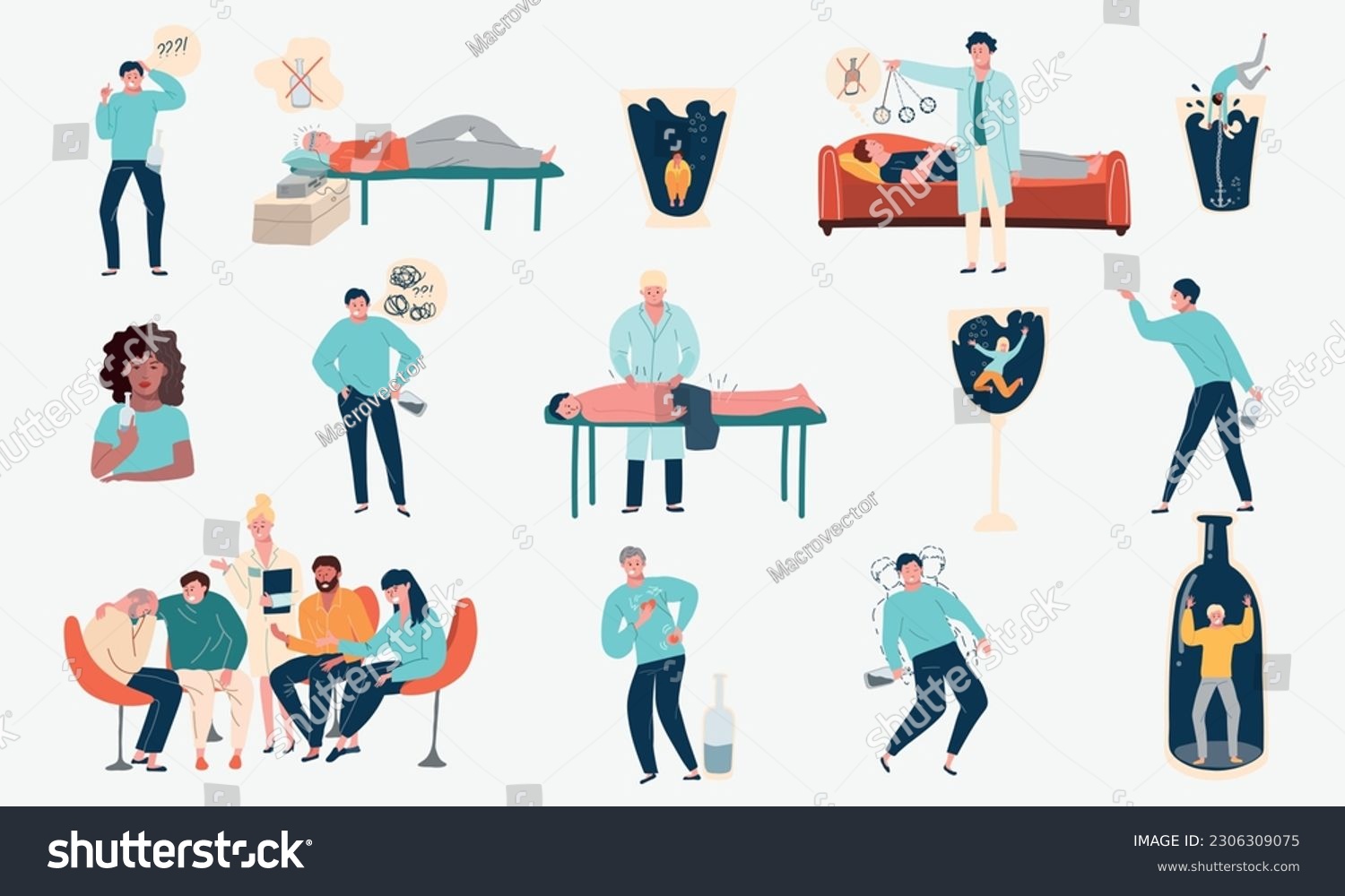 SVG of Alcoholism treatment flat set of isolated icons with people getting rid of alcohol and anonymous alcoholics vector illustration svg