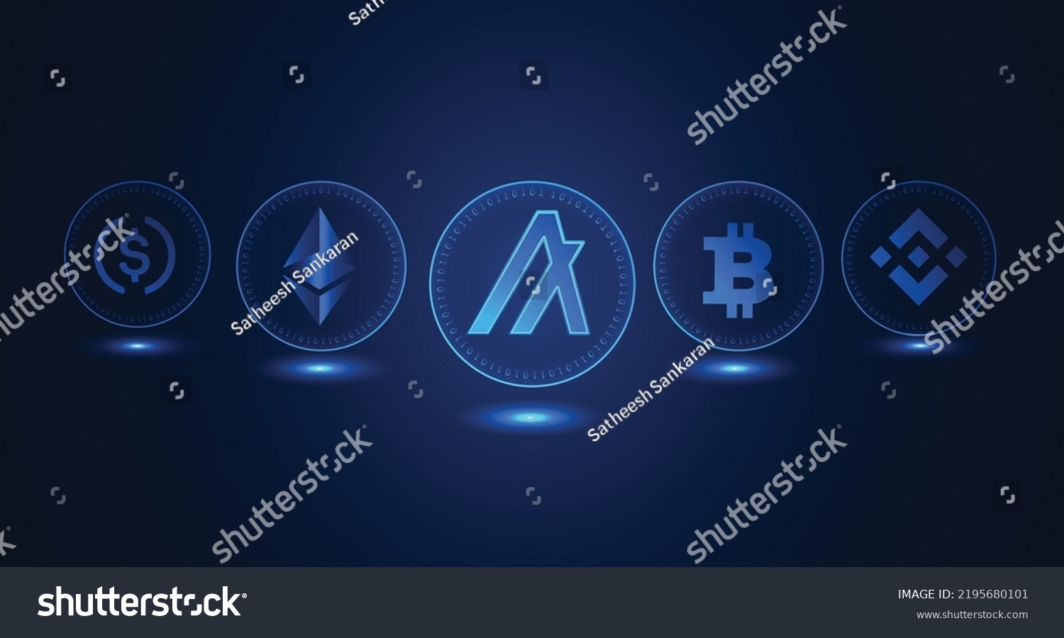 SVG of Algorand (ALGO), Bitcoin (BTC), Ethereum (ETH), Binance (BNB) and USD Coin (USDC) crypto currency logo and symbol set vector futuristic banner svg