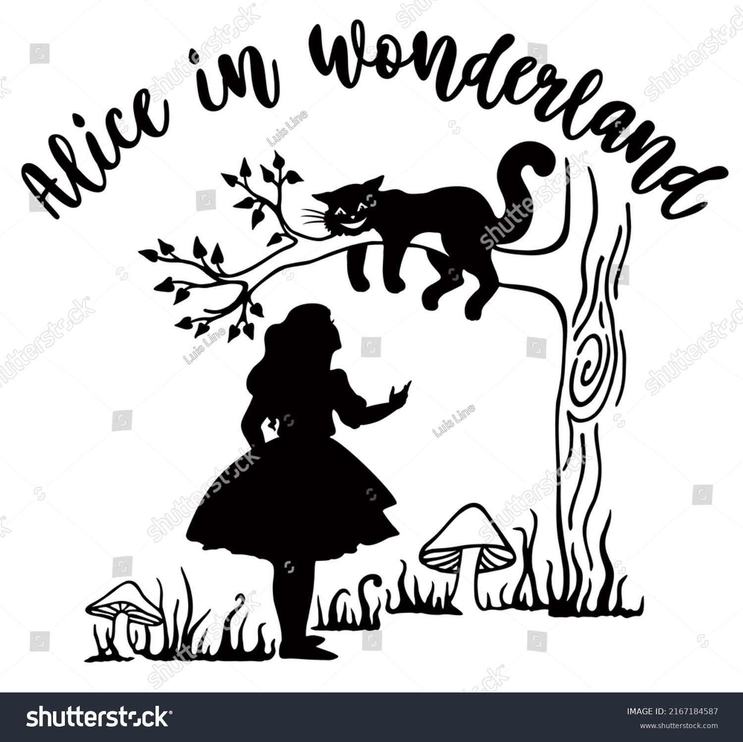 SVG of Alice in Wonderland. Cheshire cat on a tree. Black and white ink drawing. Sketch style illustration. Alice's Adventures in Wonderland. svg