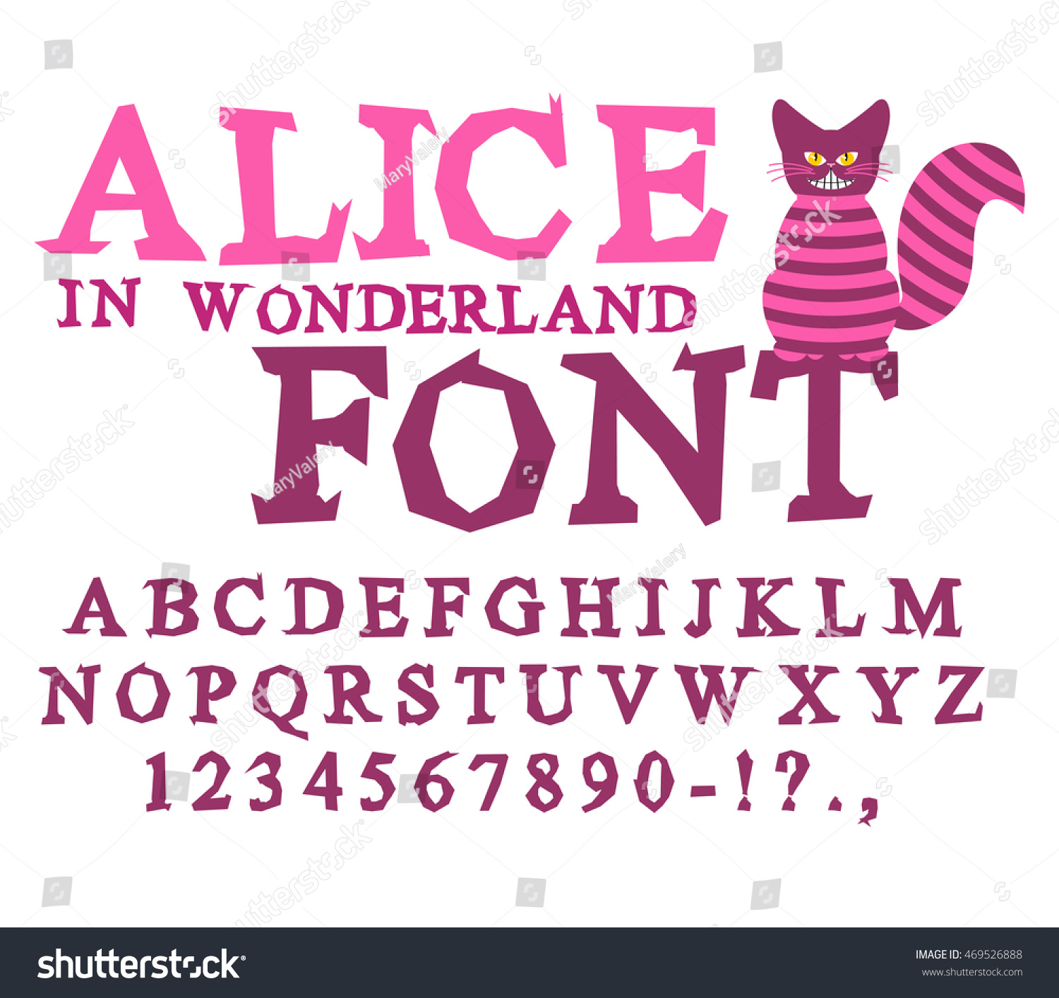 不思議の国のフォントのアリス 妖精のabc マッドアルファベット チェシャねこ 文字のセット 長い縞のある尾を持つ魔法の獣 のベクター画像素材 ロイヤリティフリー