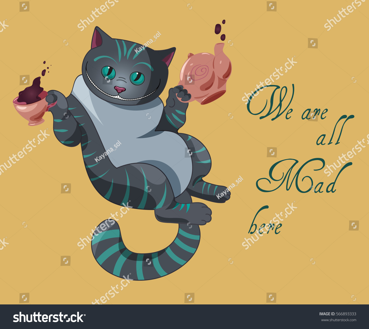 SVG of Alice in Wonderland invitation card - We are all mad here - with cheshire cat, cap of tea and teapot svg
