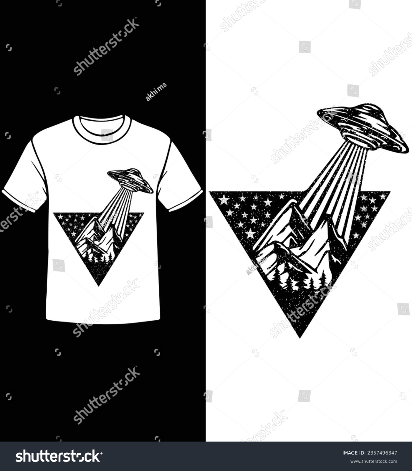 SVG of Alien Ufo in mountains svg for cricut, ufo alien t-shirt design, dxf laser cut, png clipart, wall decal svg, sublimation svg, vector forest svg