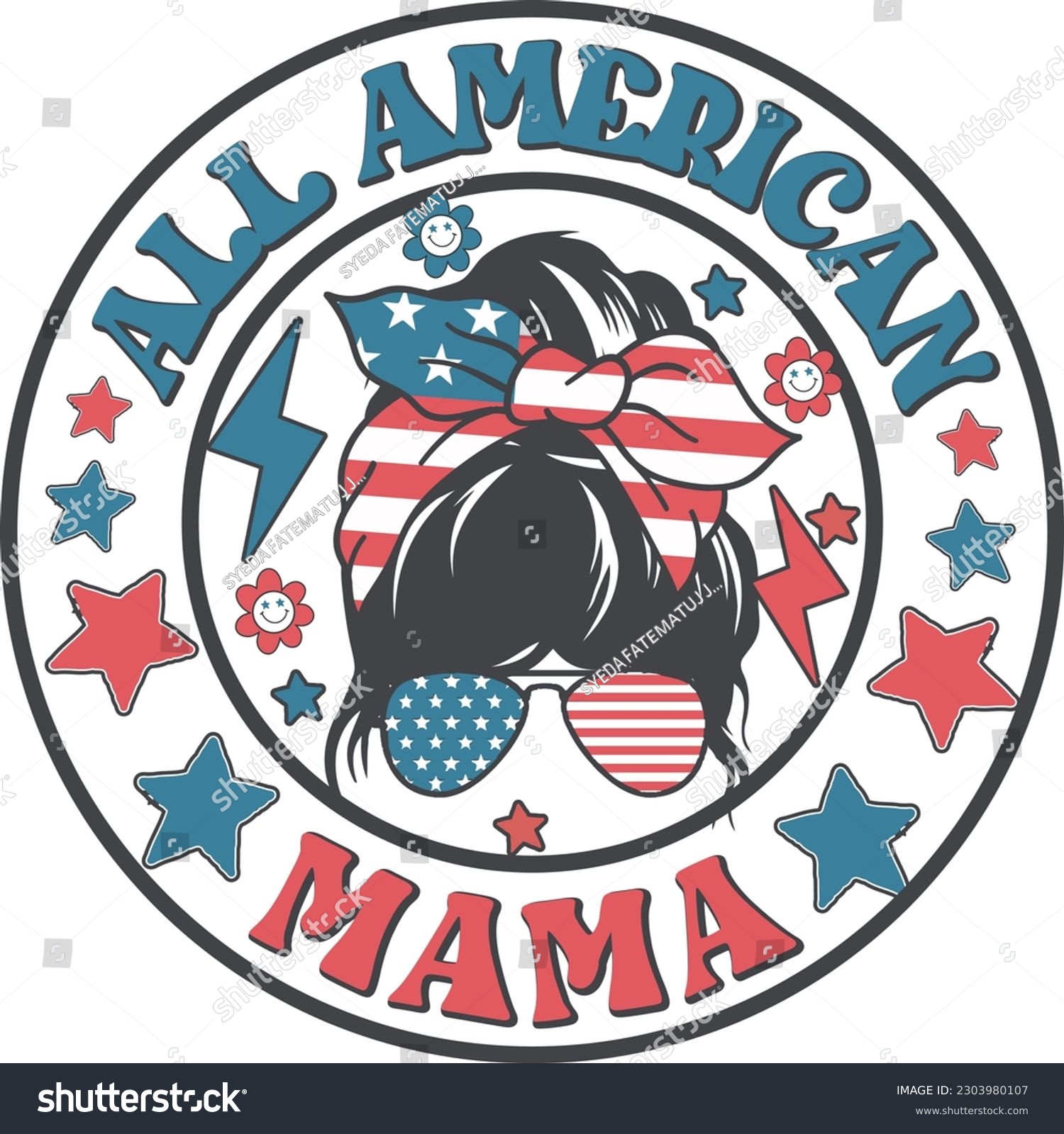 SVG of All American Mama Retro 4th of July Messy Bun Mama T-shirt Design svg