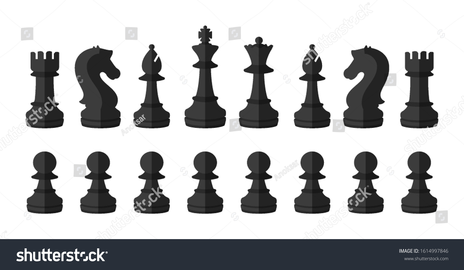 SVG of All black chess pieces isolated on the white background in flat style. Set including the king, queen, bishop, knight, rook and pawns. svg