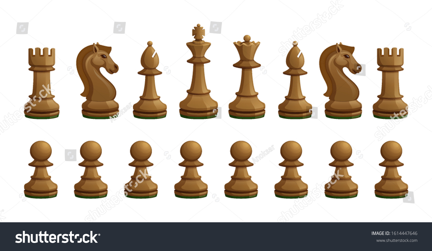 SVG of All wooden chess pieces isolated on the white background. Set including the king, queen, bishop, knight, rook and pawns. svg
