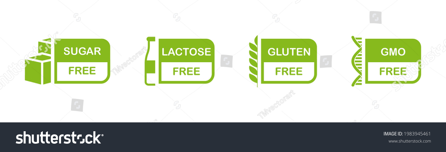 SVG of Allergen free label set. Sugar, gluten, GMO, lactose free. Natural product and organic food labels. Healthy food sign. Vegan badges. Vector illustration. svg