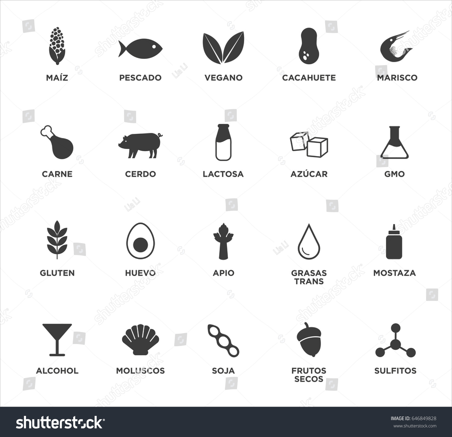 SVG of Allergen icons set. Written in Spanish. Black and white. Vector illustration.
 svg