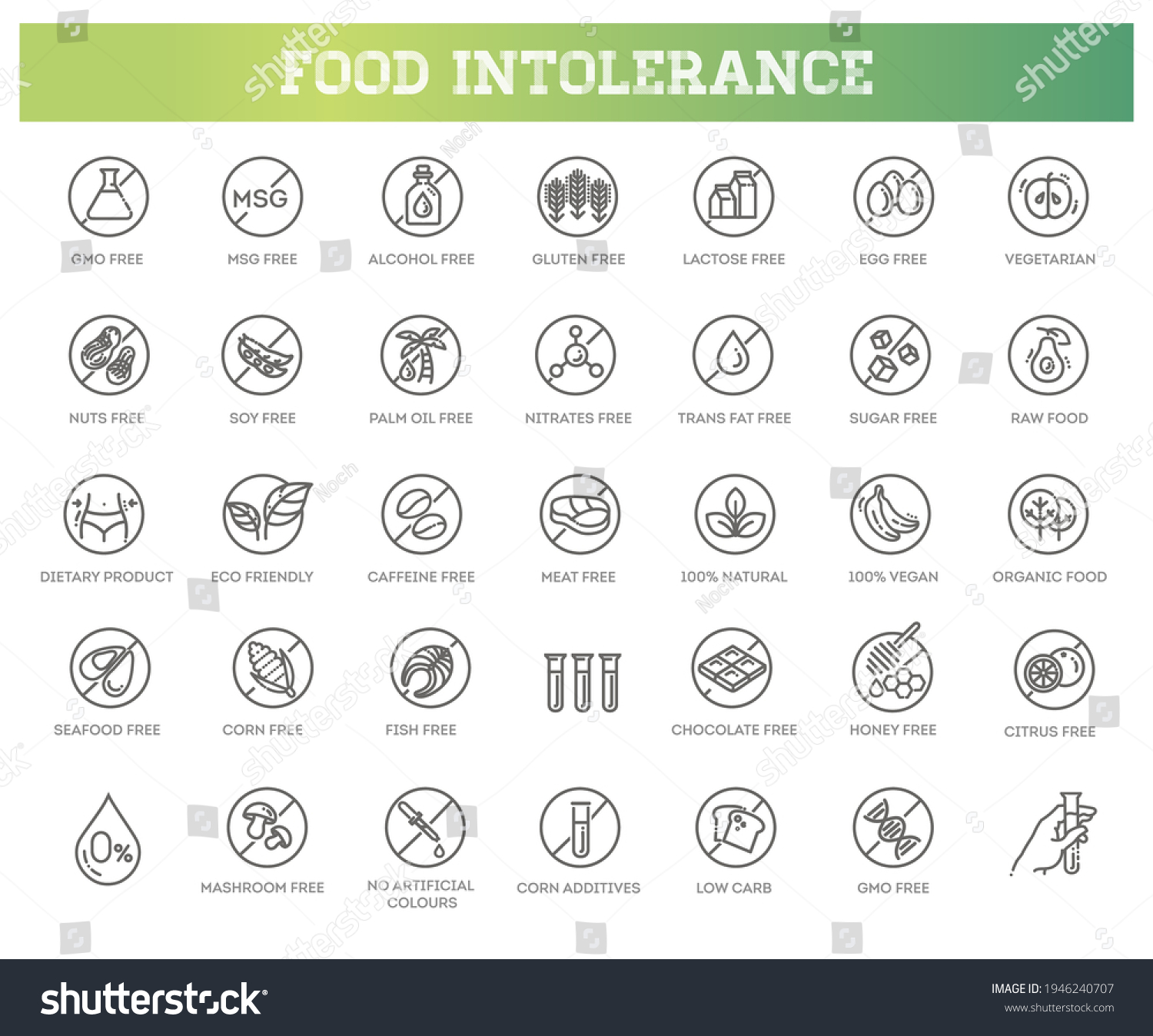 SVG of Allergen ingredients vector icons. Product free allergen ingredient symbols svg