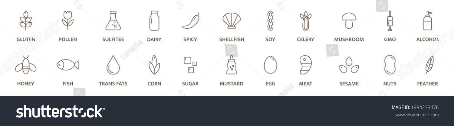SVG of Allergen line icon big set. Nut, corn, milk, honey, gluten mustard, gmo sesame, lactose fish, egg mollusk free. Organic and natural food labels. Allergy warning ingredients. Vector illustration. svg