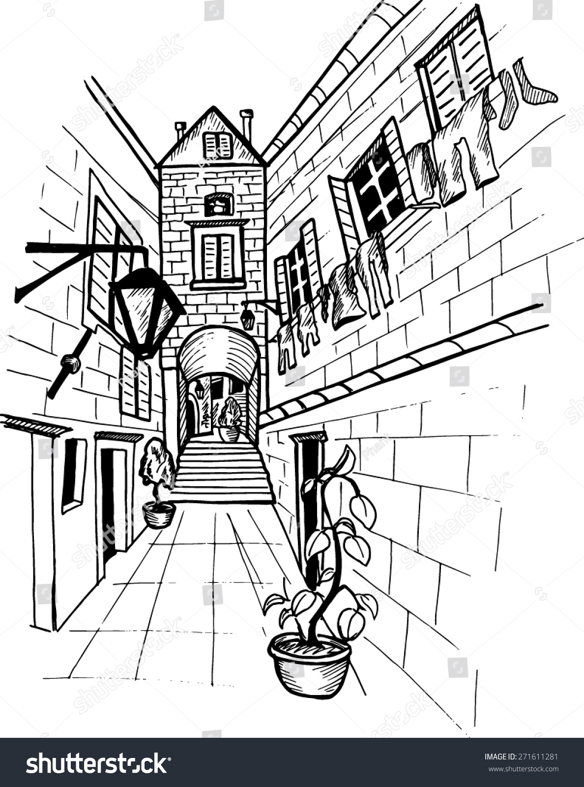 Alley Dubrovnik Black White Vector Sketch Stock Vector Royalty Free