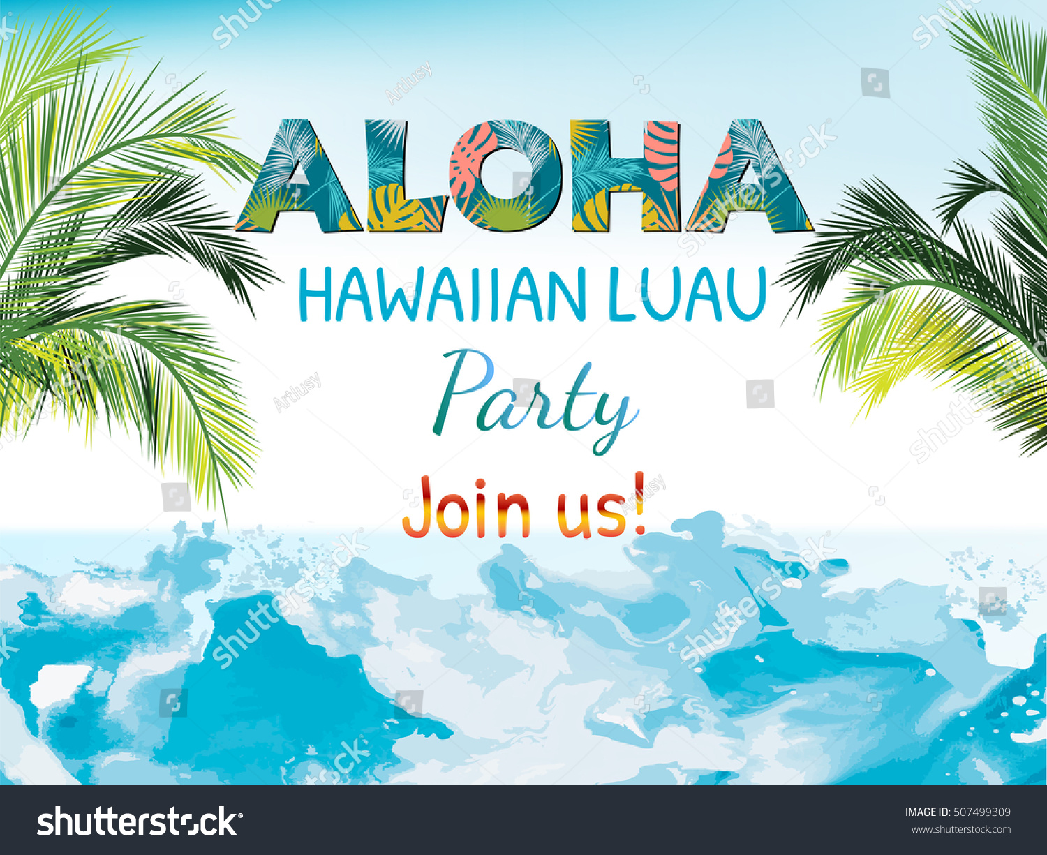 SVG of Aloha luau beach party vector flyer invitation with  tropical leaves. Summer sea background with waves. Vector background. svg