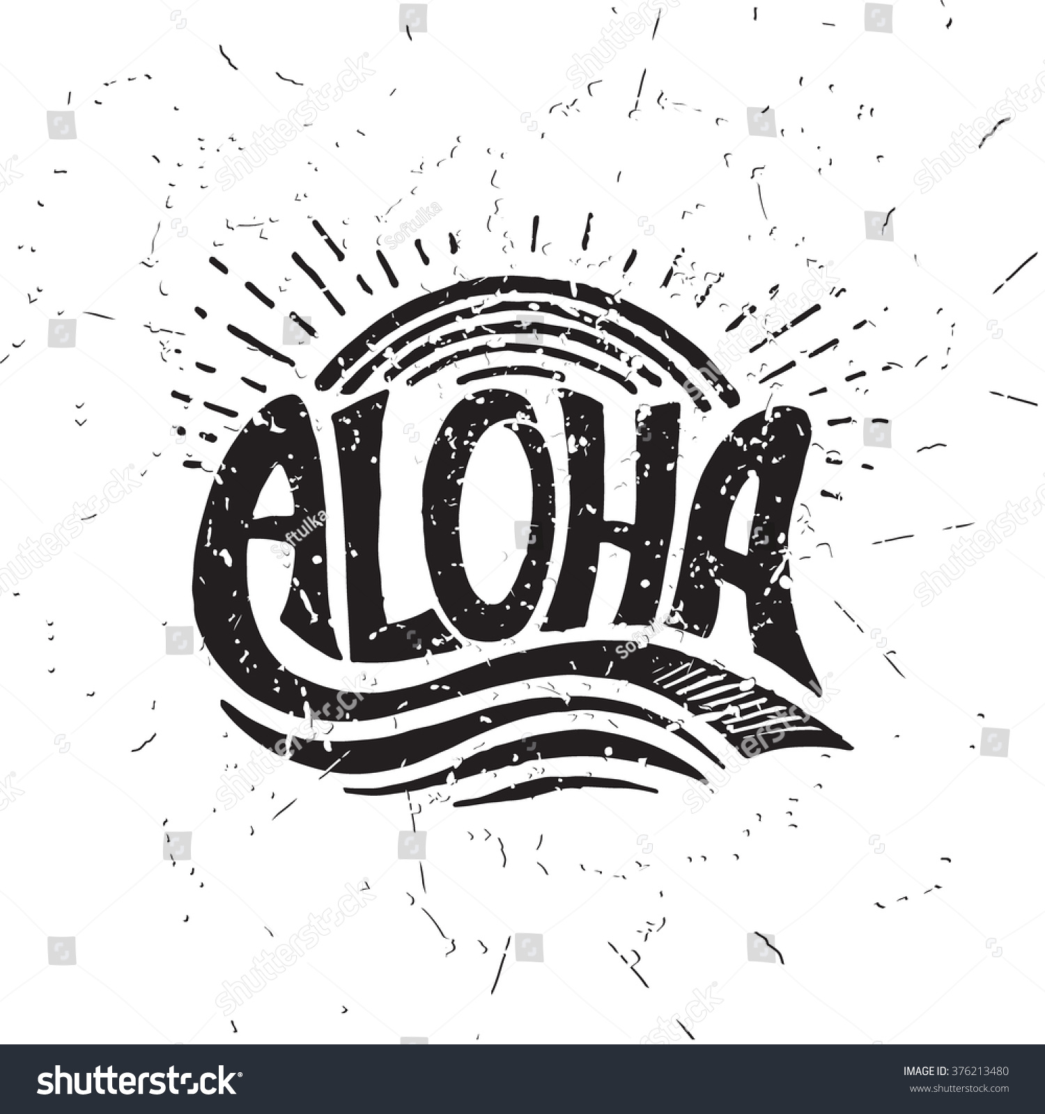 アロハサーフィンの文字 ベクターカリグラフィーイラスト ハワイの手作りのエキゾチックなtシャツグラフィック 夏のアパレルプリントデザイン レトロに描かれた海波 太陽 スプレー ビンテージテクスチャー のベクター画像素材 ロイヤリティ フリー