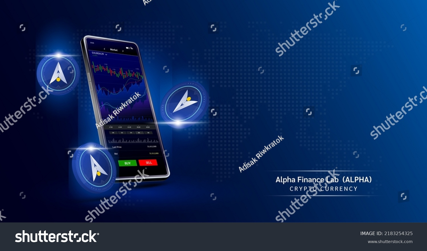 SVG of Alpha Finance Lab coin and Phone. App for trading crypto currency on the touch screen smartphone. Data analytics stock market. Mobile banking cryptocurrency. Vector 3d.  svg