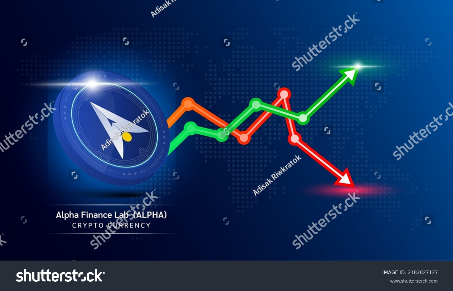 SVG of Alpha Finance Lab coin blue. Cryptocurrency token symbol with stock market investment trading graph green and red. Economic trends business concept. 3D Vector illustration. svg