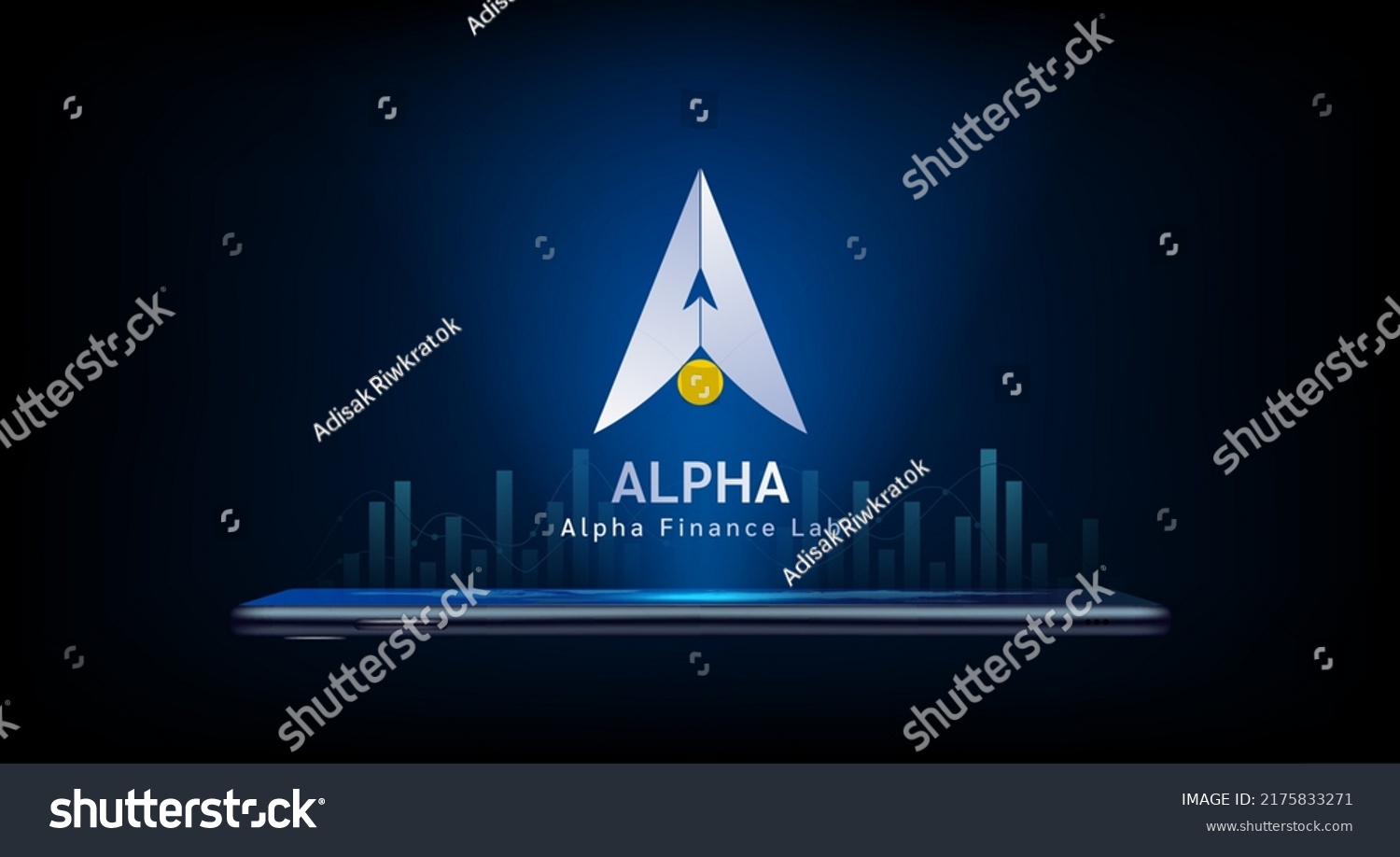 SVG of Alpha Finance Lab crypto currency token symbol come out from smartphone. Coin icon on dark background. Trading cryptocurrency in stock market on application. For website or banner. Vector illustrator. svg