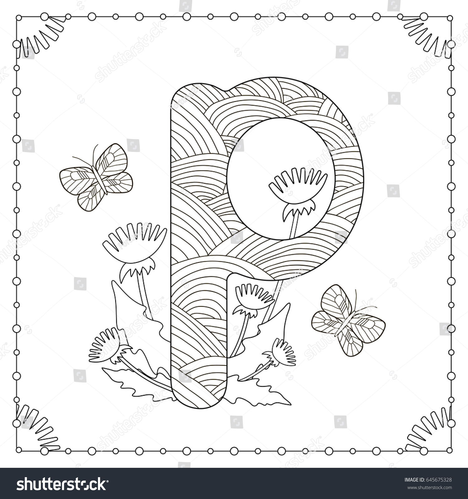 Alphabet Coloring Page Capital Letter P Stock Vector