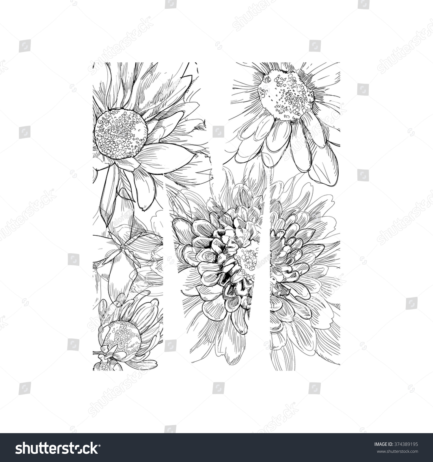 Alphabet Flowers Drawing Vector Letter M Stock Vector Royalty Free 374389195