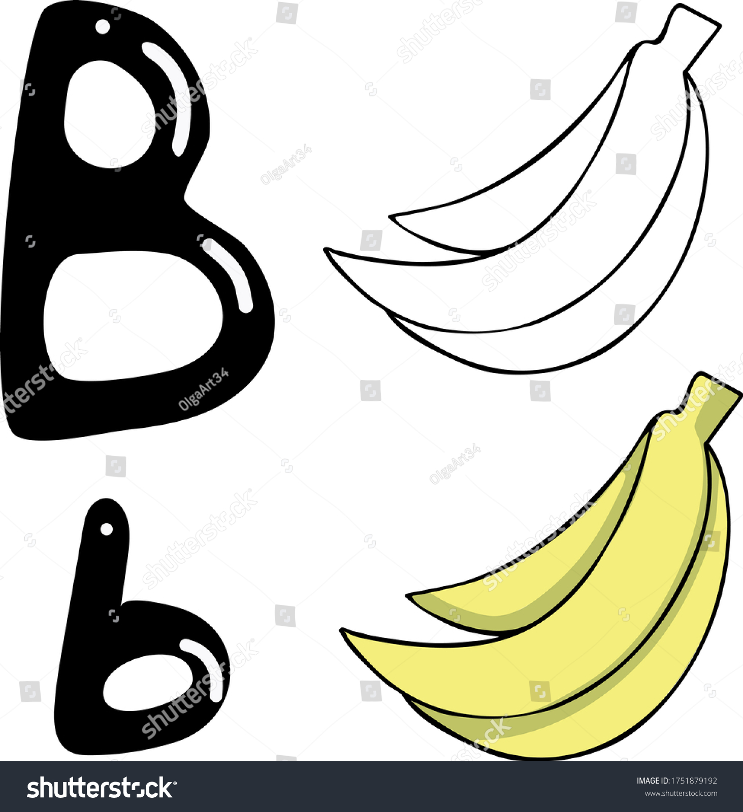 Alphabet Letter B Banana Coloring Flashcards: เวกเตอร์สต็อก (ปลอดค่า ...