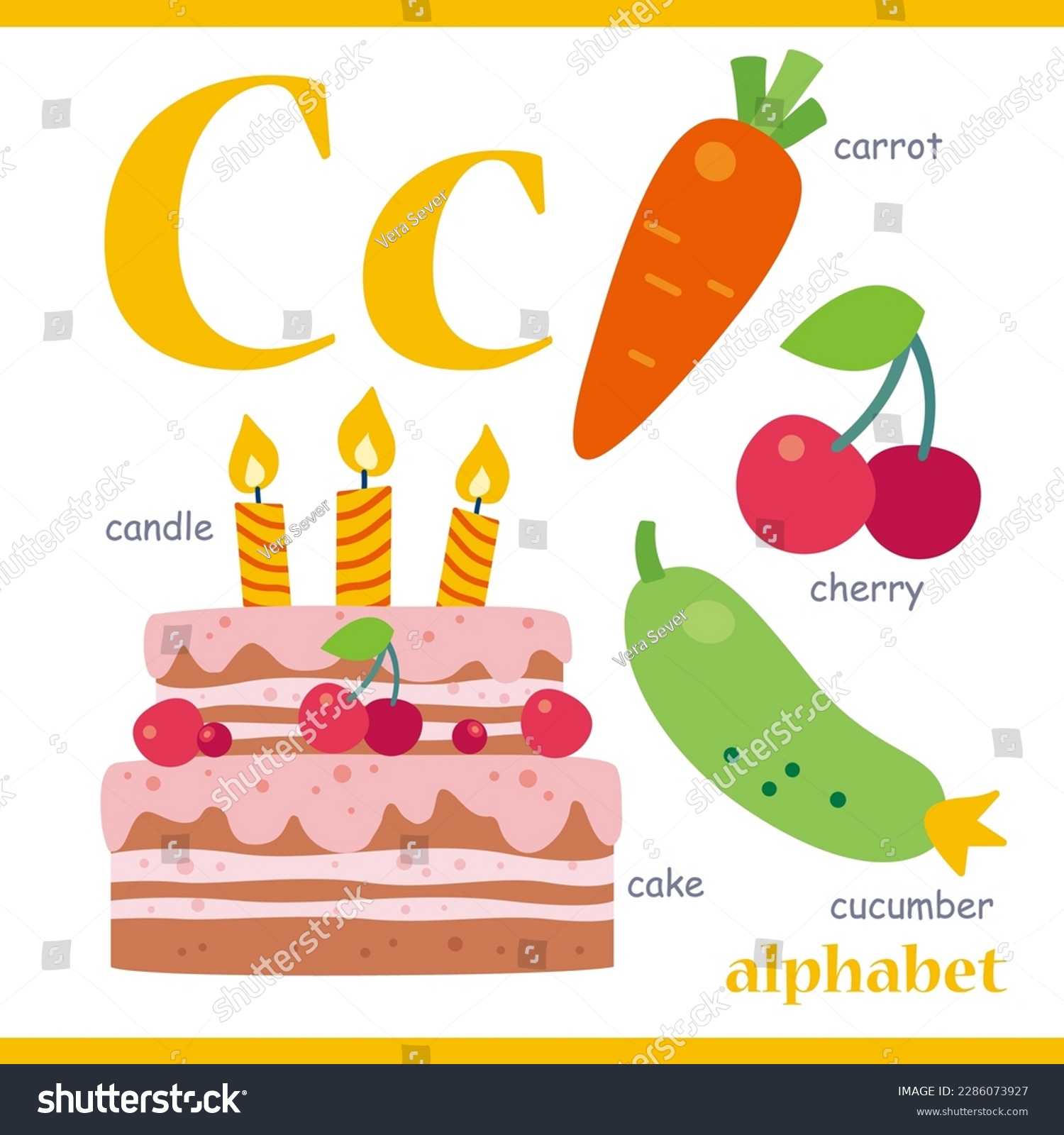 SVG of Alphabet letter C with cartoon vocabulary illustration: carrot, cherry, cucumber, cake, candle. Cute children ABC alphabet flash card with letter C for kids learning English vocabulary. svg