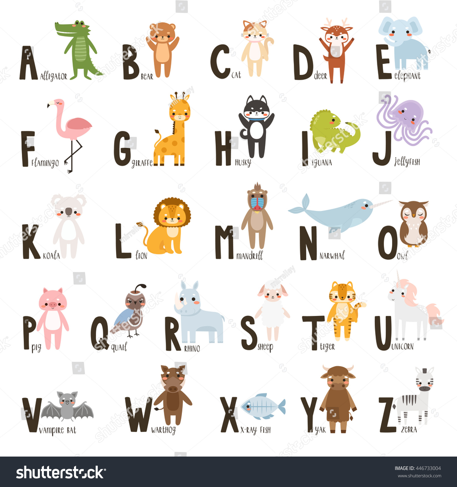 Alphabet Set Cute Cartoon Animals Letters Stock Vector (Royalty Free ...