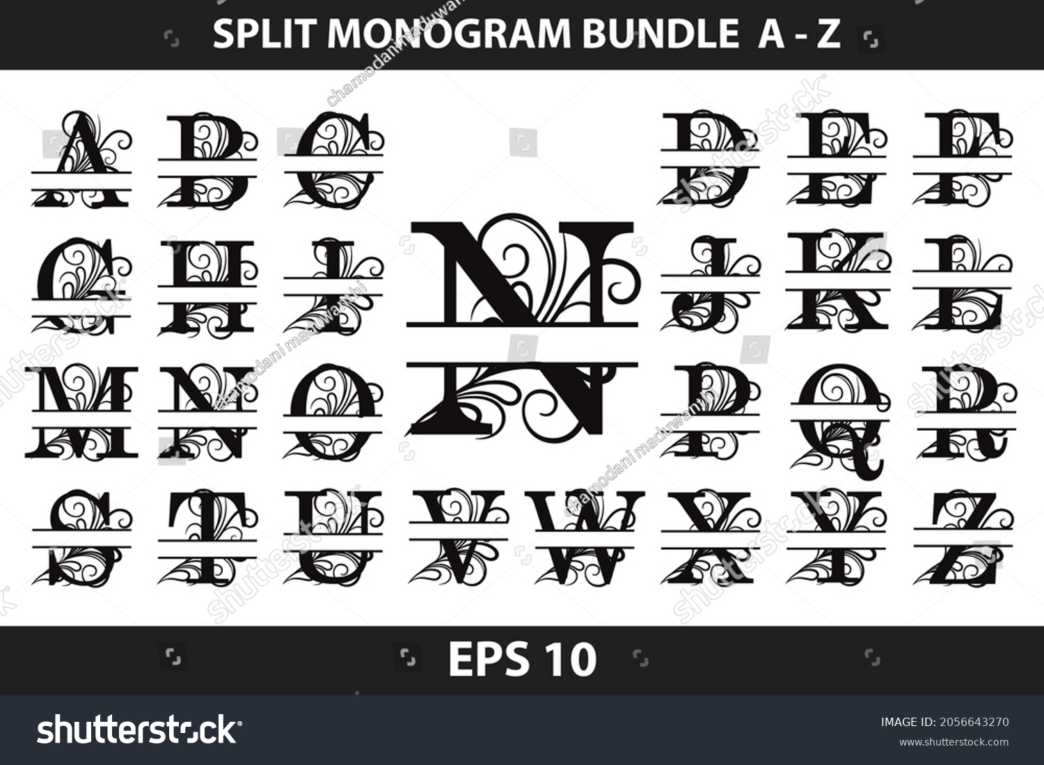 SVG of Alphabet Split Monogram, Split Letter Monogram, Alphabet Frame Font. Laser cut template. Initial letters of the monogram. Split Regal Monogram. Font A to Z SVG Letters Dxf, Svg, Cdr, Eps, AI,  svg