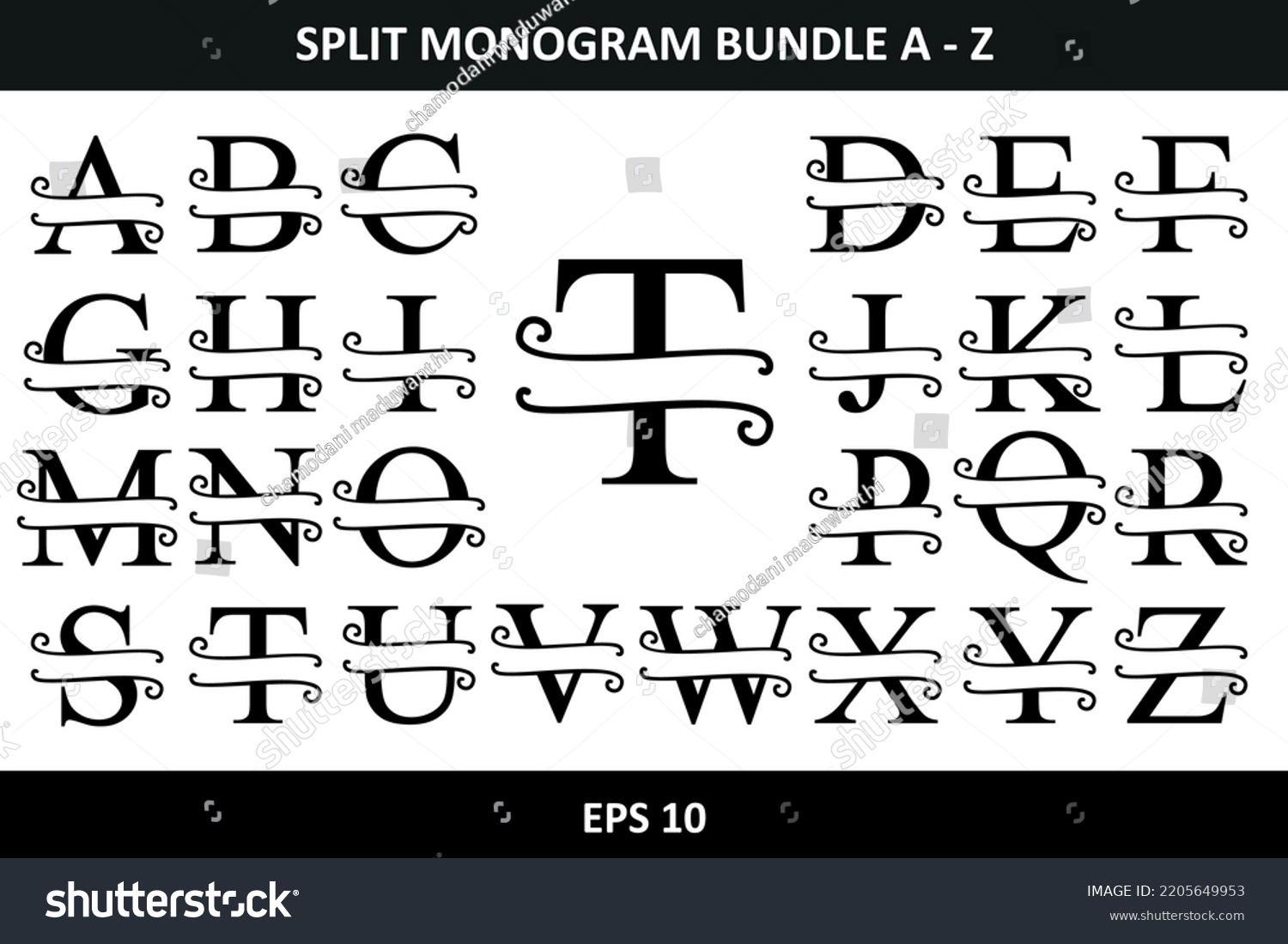 SVG of Alphabet Split Monogram, Split Letter Monogram, Alphabet Frame Font. Laser cut template. Initial letters of the monogram. svg