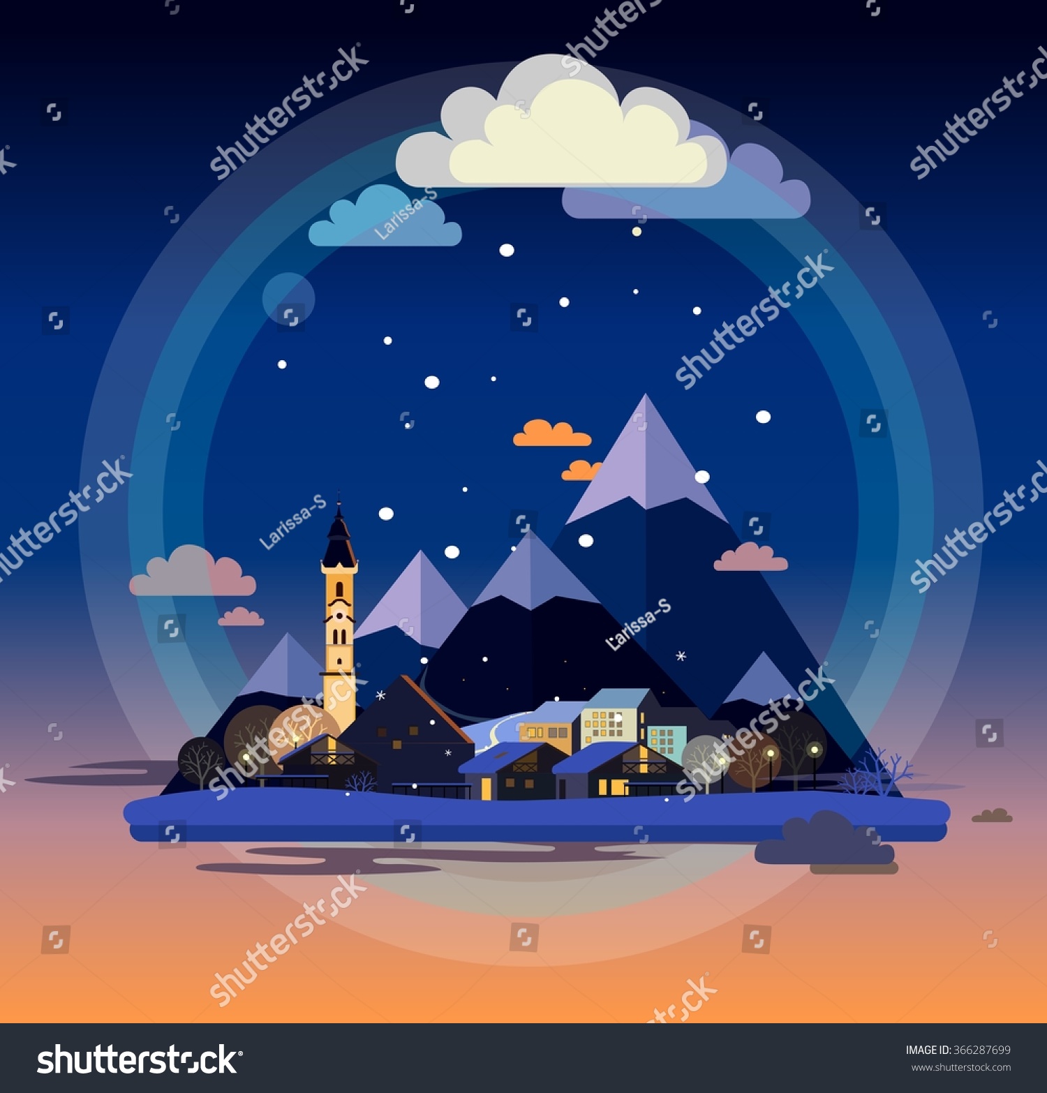 Alpine landscape illustration Small european austrian town with Church chalets winter trees